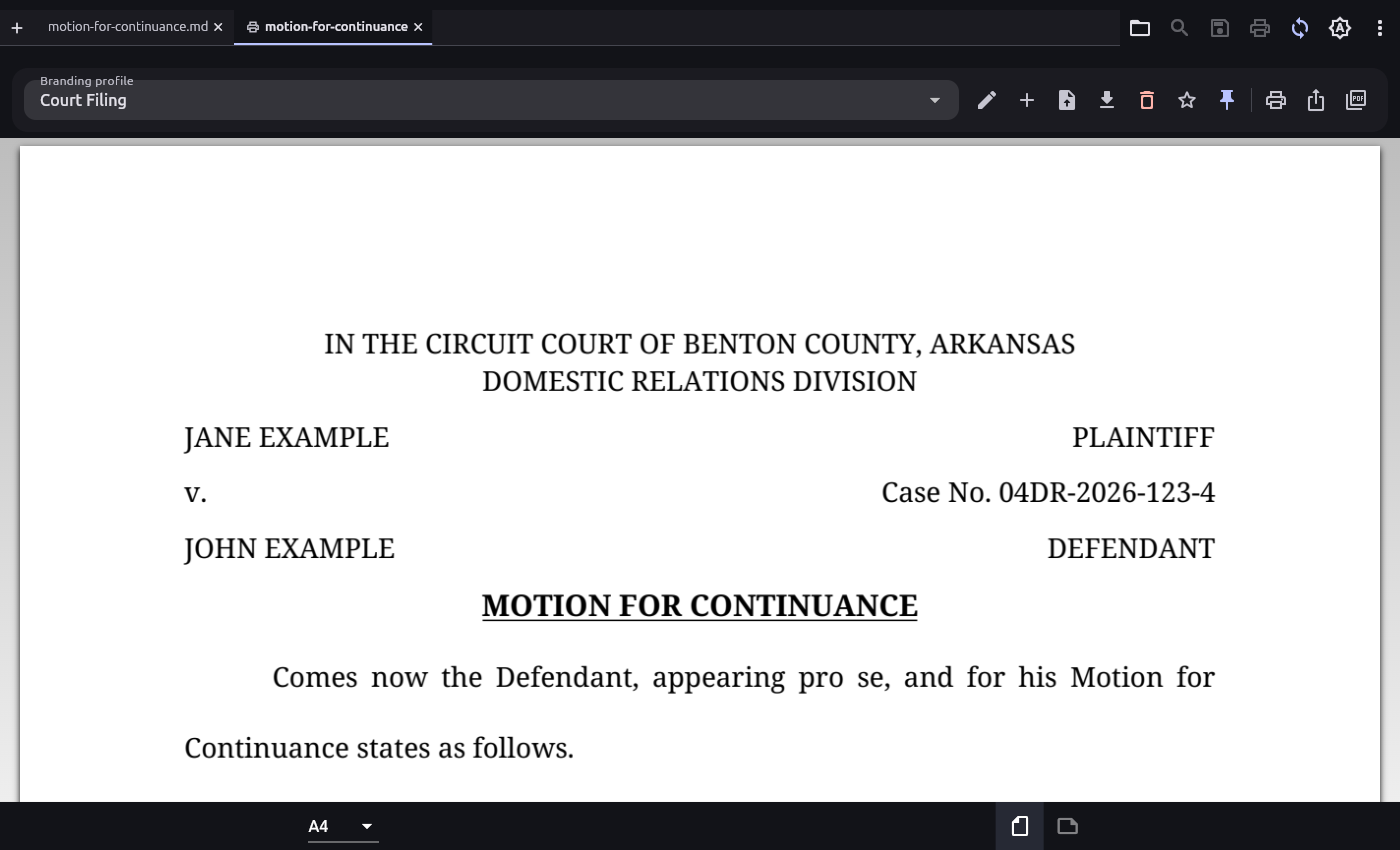 A Markdown motion rendered as a court-compliant PDF in Markdown Studio's print preview