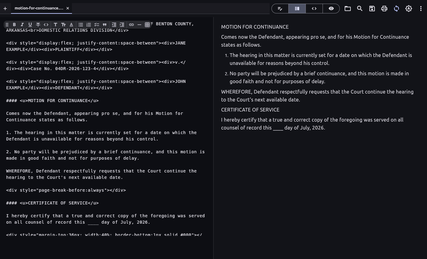 Split view showing Markdown source with a floating format toolbar next to the live preview